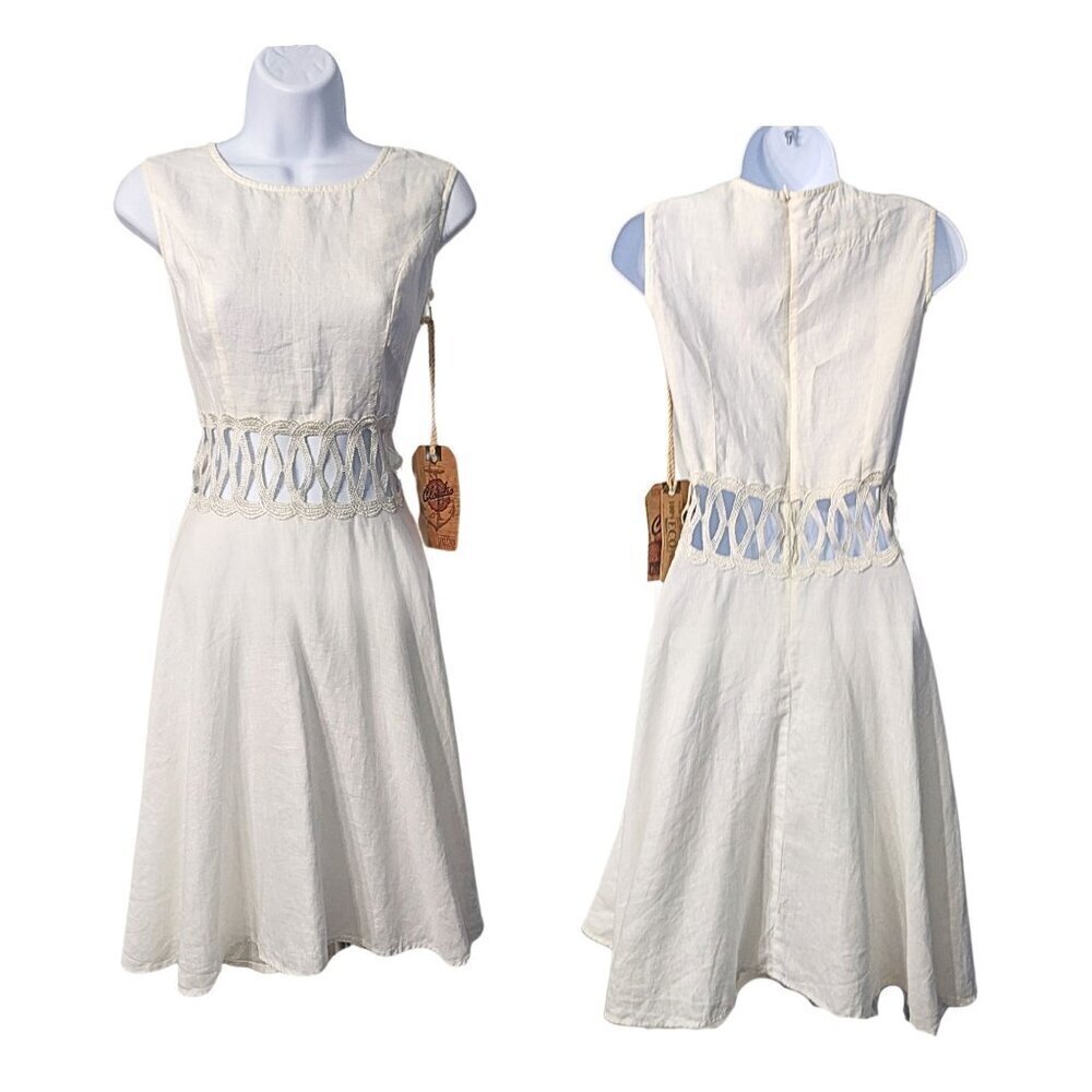 NWT CLAUDIO MILANO White 100% Linen Cut Out Sleeveless Midi Dress #8346 Size M